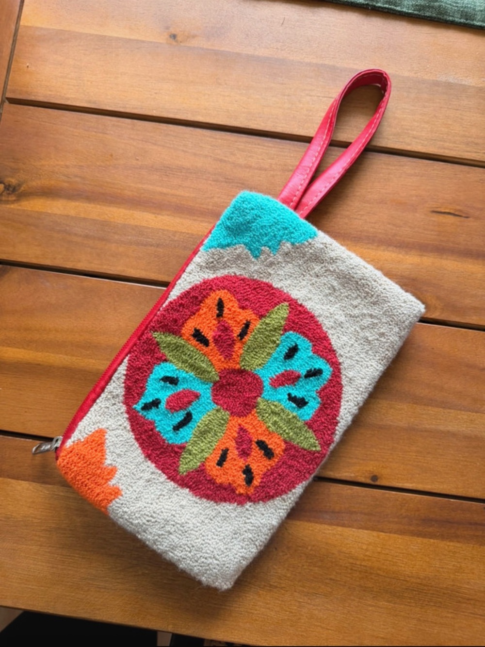 Embroidered Floral Wristlet Clutch in Red and Turquoise